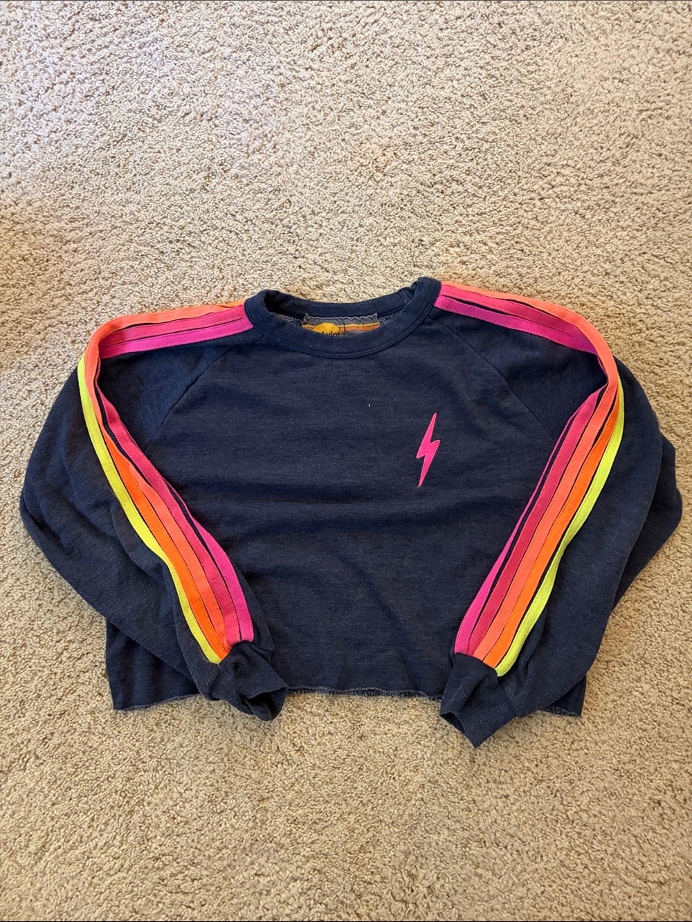Aviator Nation Navy Cropped Sweatshirt with Pink Lightning and Stripe